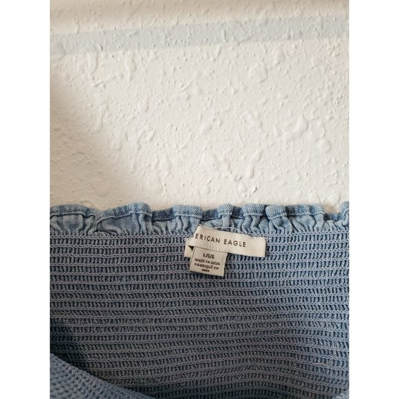 American Eagle Denim Embroidered Square Neck Smocked Top L - Picture 6 of 7
